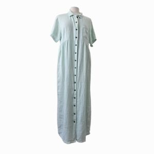 Kiko Vintage Button-Down Maxi Length Lagenlook Lime Green 100% Linen Dress Large